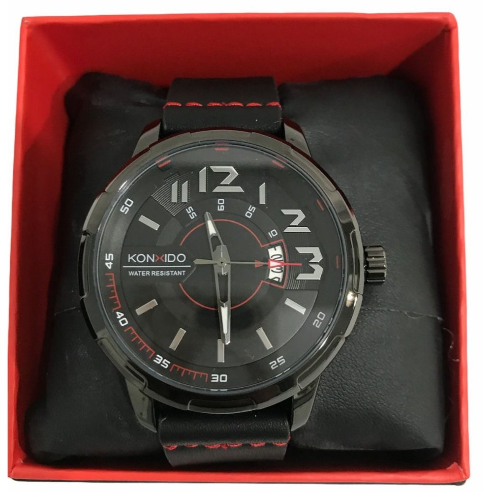 KONXIDO Mens Analog Quartz Wristwatch Leather Band With Date Model GK-KX-6371-BK